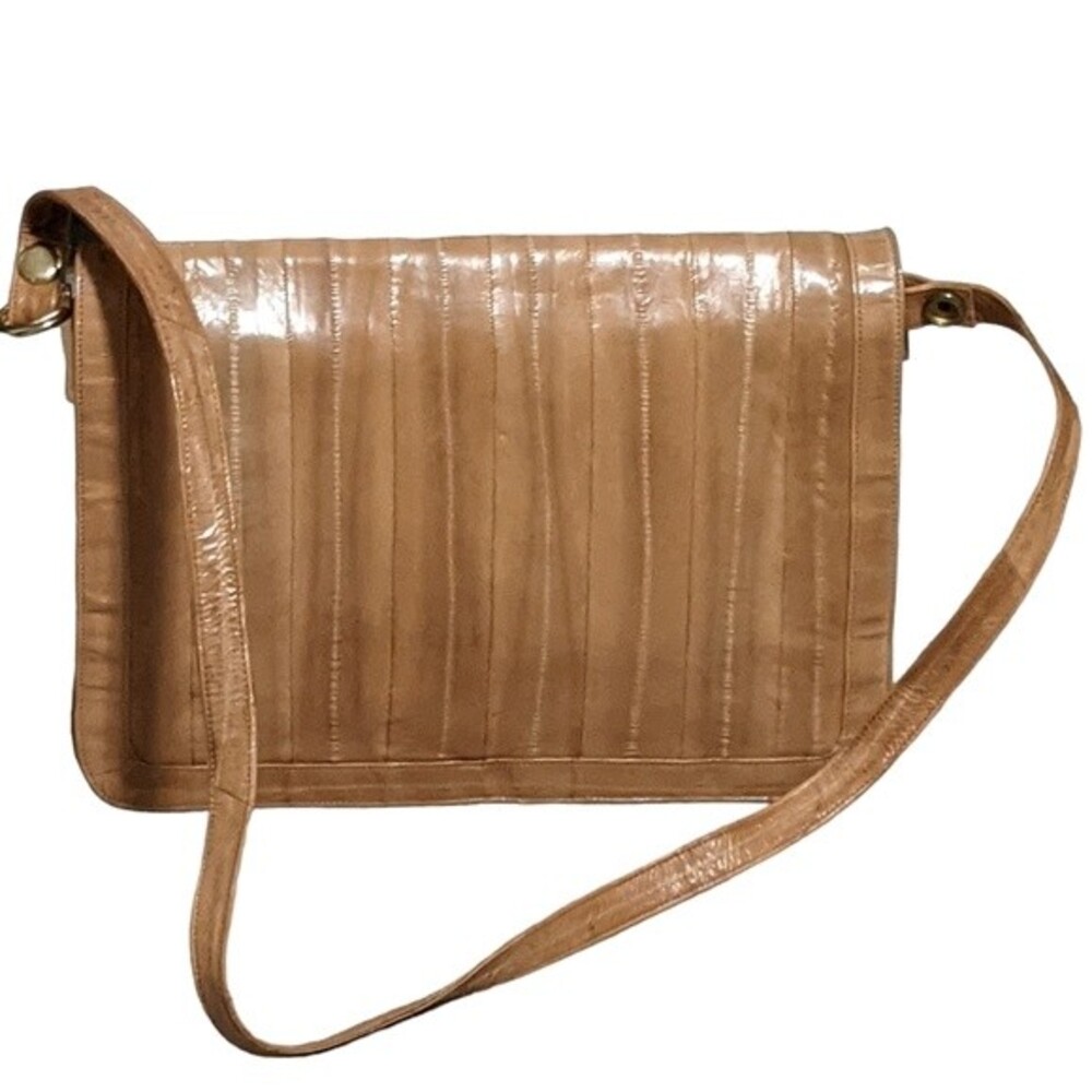Vintage EEL skin shoulder handbag tan flap gold tone hardware Korea - Picture 8 of 11